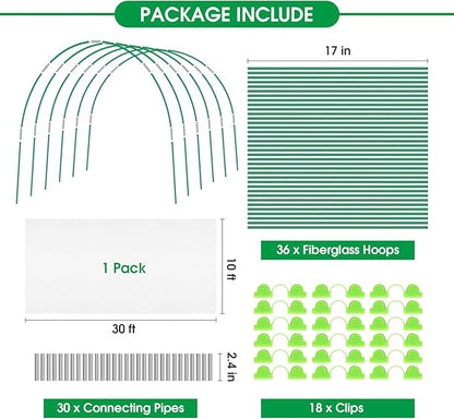 Garden Netting Kit, 10x30FT Ultra Fine Mesh Netting ＆6 Sets of 8FT Fiberglass Garden Hoops for Raised Beds, Vegetable Plants Fruits Flowers Birds Animals Barrier Protection Net