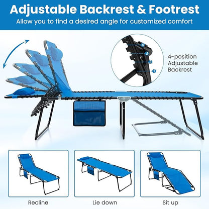 GYMAX Lounge Chairs for Outside, Extra High Folding Beach Tanning Lounger with Adjustable Backrest, Footrest & Removable Pillow, Sunbathing Lounge for Patio, Poolside (1, Navy with Pocket)