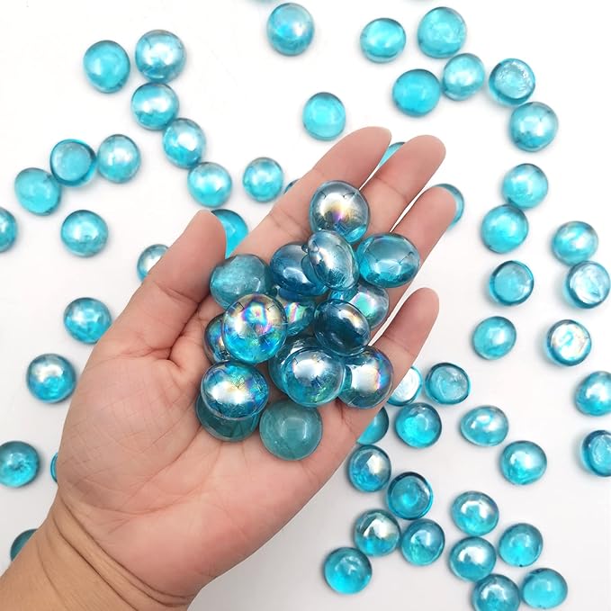 Flat Glass Marbles 1 Pound Vase Filler Fire Pit Glass Pebbles for Indoor Plants, Aquarium Fish Tank Decorations, Home Decor, Fire Pit, Landscaping, Arts Crafts (Ocean Blue)