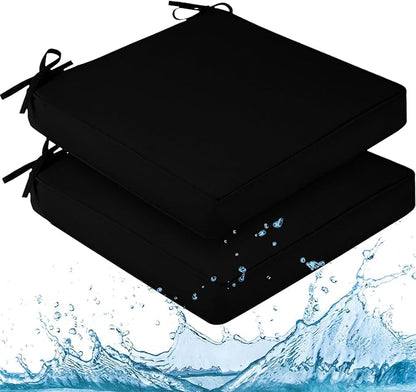downluxe Waterproof Outdoor Chair Cushions for Patio Furniture, 19" x 19" x 2" Patio Chair Cushion with Adjustable Ties & Portable Handle, Square Outdoor Cushion with Removable Cover, Black, 2 Pack