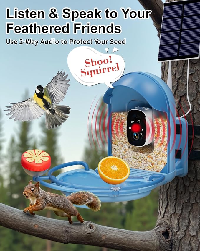 Bird Feeder with Camera, Smart Birdfeeder with Cam Solar Powered, 2K HD Video, AI Identification, Instant Arrival Alerts, IP66 Bird Bath & Feeder,Gift for BirdLover (with BirdBath, Blue)