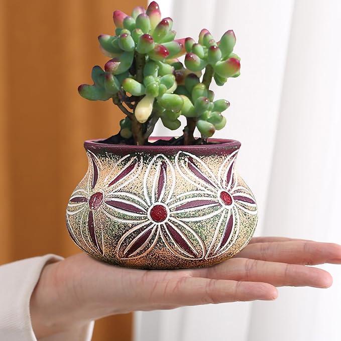 Ceramic Succulent Pot with Drainage Hole, Bohemia Rustic Decorative Planter, Set of 2, Indoor Outdoor