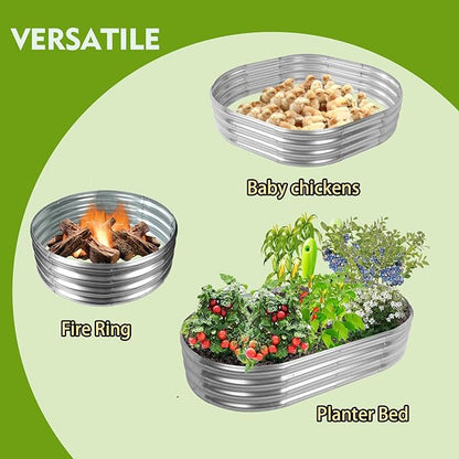 5X2.7X1 FT Oval Galvanized Metal Garden Raised Bed/Plant Box for Planting,32 Inches Diameter Iron Fire Pit Ring,Small Animal Fence-3 in 1 Modular Design in Black (Silver, 60X32X11.5 Inches)