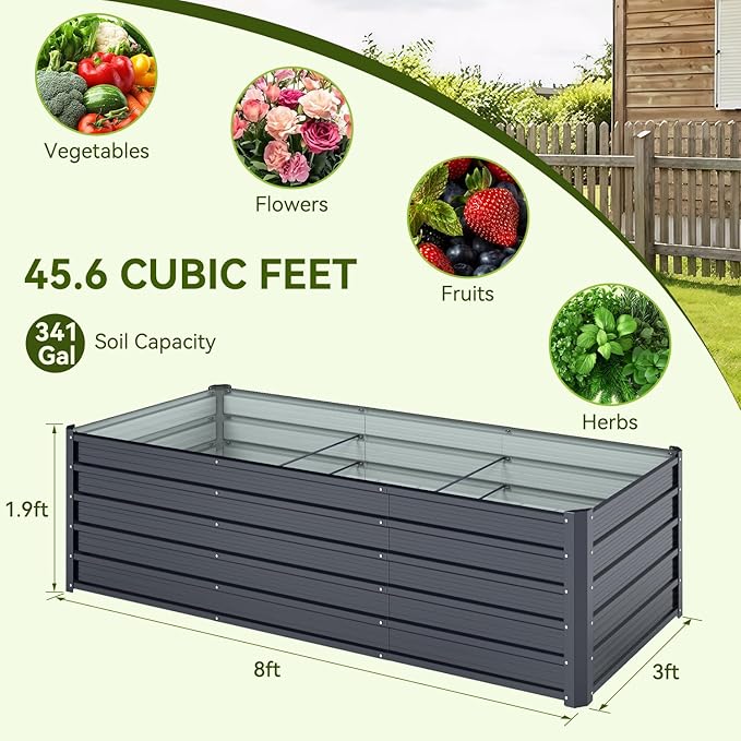 Ohuhu 8x3x1.9 FT Metal Raised Garden Bed Outdoor, Reinforced Deep Root Galvanized Steel Rustproof Planter Box, 100% Non-Toxic, 341 Gal Heavy Duty Tall Raised Beds for Growing Vegetables Flowers Herbs