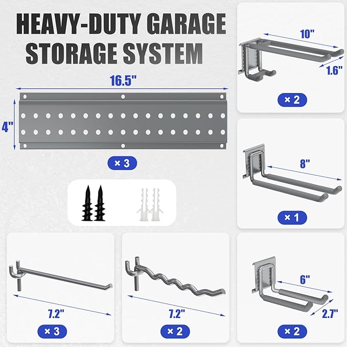 Garage Tool Organizer Wall Mount 49.5 inches with 10 Adjustable Heavy-Duty Hooks, Garage Organization, Garden Tool Storage Rack, Yard, and Shed, Holds Up to 400 lbs (Grey)