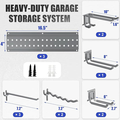 Garage Tool Organizer Wall Mount 49.5 inches with 10 Adjustable Heavy-Duty Hooks, Garage Organization, Garden Tool Storage Rack, Yard, and Shed, Holds Up to 400 lbs (Grey)