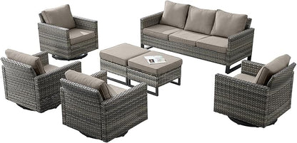 Rilyson Wicker Outdoor Patio Furniture Set - 7 Piece Patio Conversation Set with 4 Swivel Rocker Chairs,2 Rattan Ottoman and 1 Couch for Outside Porch Deck Backyard(Mixed Grey/Grey)