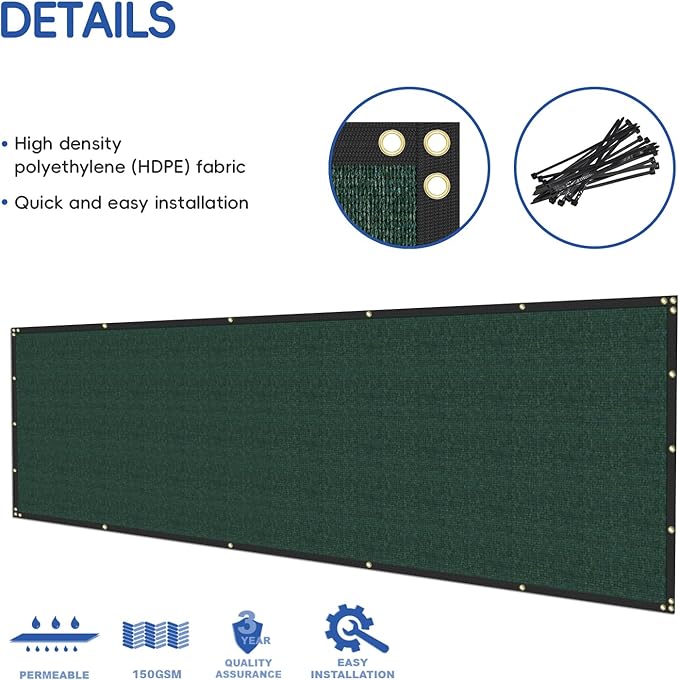 4' x 50' Green Privacy Fence Screen Net Fencing 90% Privacy Blockage Windscreen Mesh Shade Cover with Copper Grommet for Patio Backyard Garden Swimming Pool, Zip Ties Included
