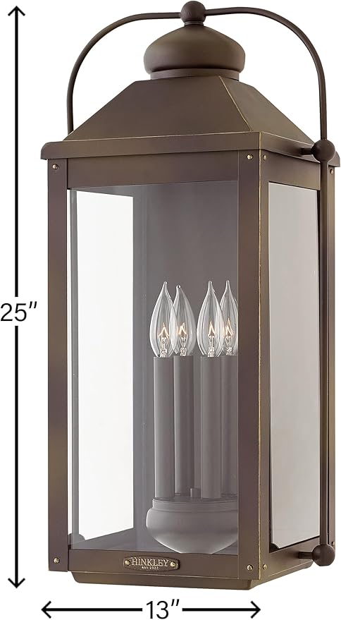 Hinkley Anchorage Large Wall Mount Outdoor Lantern - Aluminum, Clear Glass, Arched Carriage Handle, LED Included - Light Oiled Bronze Finish