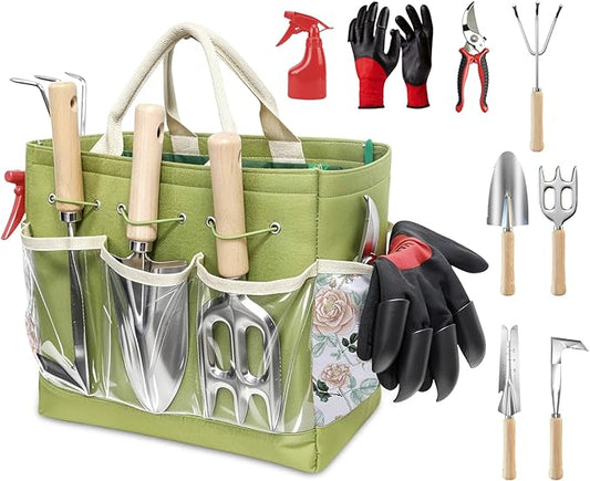 Garden Tools Set, 9-Piece Heavy Duty Gardening Tools with Clear Pocket Tote Bag, Stainless Steel Garden Hand Tools for Digging, Planting, Weeding and Pruning, Durable Gardening Kit