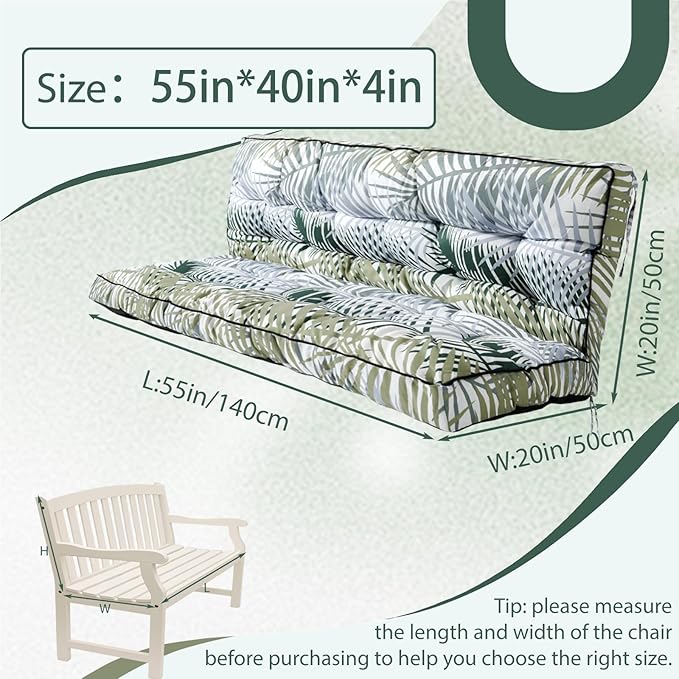 2/3 Seater Swing Replacement Cushion, Waterproof Porch Swing Cushions with Backrest, Thickened Bench Cushions for Outdoor Furniture, for Outdoor Patio Swing (Hawaii, 55 * 40in)