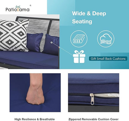 Patiorama 4 Piece Patio Furniture Set, Outdoor Wicker Bistro Set, All-Weather Black PE Rattan Conversation Set w/Coffee Table, Loveseat, Wood-Like Armrest, Cushions for Garden Balcony Deck, Navy Blue