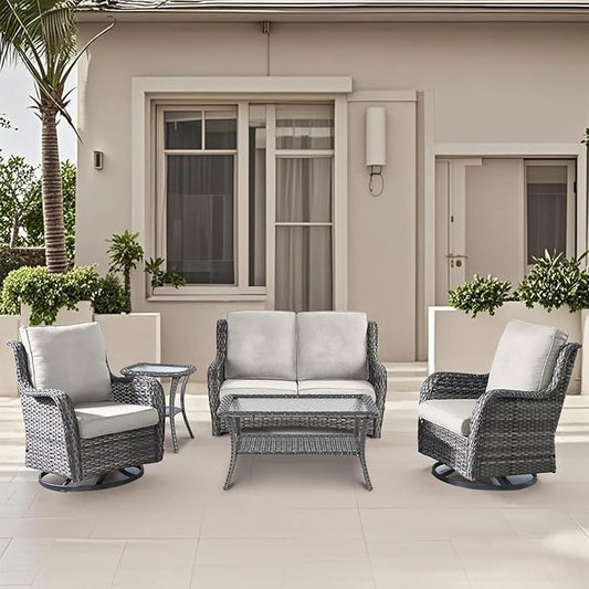 5 Pieces Outdoor Patio Furniture Conversation Set PE Rattan Wicker with 2 Swivel Glider Rocker Chairs, 2 Coffee Table and 1 Loveseat for Yard Backyard Poolside (Grey/Beige)