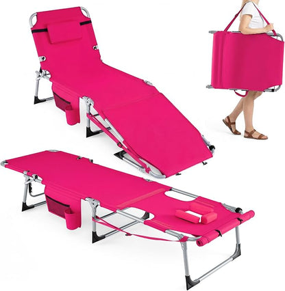 Giantex Set of 2 Tanning Chair with 5 Adjustable Positions, Face & Arm Hole, Hand/Shoulder Strap, Removable Pillow, Side Pocket, Load 330 Lbs, Patio Lounge Chair for Outdoor Beach Sunbathing, Pink