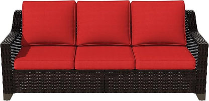 VistaVibe 78" Patio Wicker 3-seat Sofa, Deep Seat & Upholstered Loveseat, Outdoor All-Weather Rattan Couch with Removable Cushions, Steel Frame Couch for Garden, Poolside (Brown/Red)