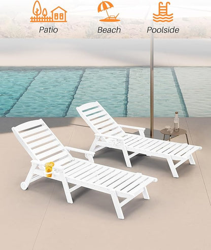 HDPE Outdoor Chaise Lounge Set of 2, 5-Position Adjustable Outdoor Lounger with Wheels & Cup Holder, 78.4'' Poly Lounge Chairs, HDPE Patio Lounge Chairs for Deck, Backyard, Poolside, Pearl