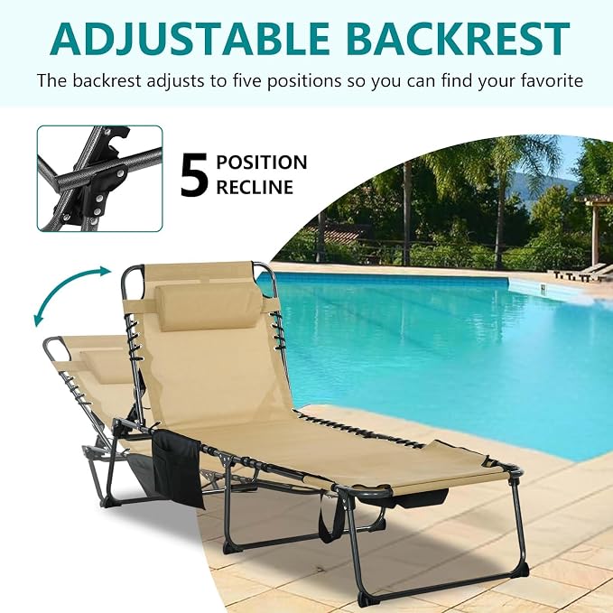 Sun Tanning Chair with Face Hole, Heavy Duty Adjustable 5-Position Folding Laying Out Chairs for Tanning, Beach Lounge Chairs for Adults for Outdoor Sunbathing Patio Pool Lawn (Deep Beige)