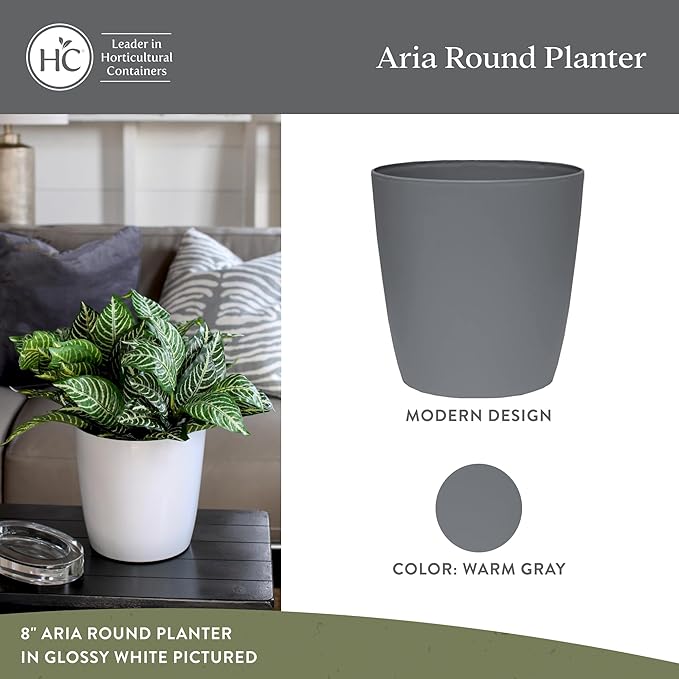 The HC Companies Aria Round Self-Watering Pot - Lightweight Plastic Planter for Herbs & More - Durable Plant Pots for Indoor Plants & Outdoor Plants (6" Warm Gray, Pack of 1)