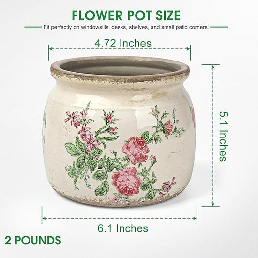 Flower Pots Planters for Indoor Plants Ceramic Plant Pots with Drainage 6.1 Inch Vintage Ceramic Pots for Plants Outdoor Home Garden Decor, Vintage Pink Rose