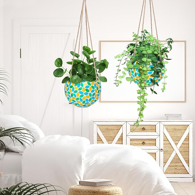 Hanging Planter Mosaic Garden Pot Small Flower Pot for Indoor Plant Disco Ball Hanging Planter with Drainage Green Yellow