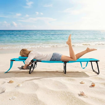 GYMAX Tanning Chair, Folding Lounge Chairs with Face Hole & Cover, Removable Pillow Carry Handle, Portable Compact Outdoor Layout Recliner for Beach, Poolside, Lawn, Patio, Camping (Turquoise,2)