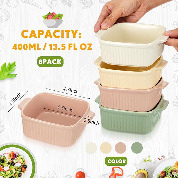 LemonRoad 8 Pcs Small Ceramic Baking Dishes with Dual Handles, 13.5 oz Oven Safe Individual Casserole Pan Ramekin Bowls Microwave Dishwasher Safe for Serving, Desserts Storage(Square)