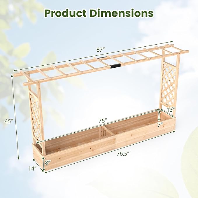 S AFSTAR Raised Garden Bed with Trellis, 2 Pieces Fir Wood Planter Box with Flat Roof & Drainage Holes, Vertical Planter Raised Bed for Climbing Plants, Flowers & Vegetables, 87" x 14" x 45" (Natural)