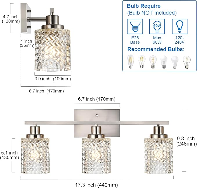 MELUCEE 3 Lights Bathroom Light Fixtures Brushed Nickel Modern Vanity Lights Indoor Wall Mounted Light with Hammered Glass Shade Suitable for Bathroom Living Room Hallway