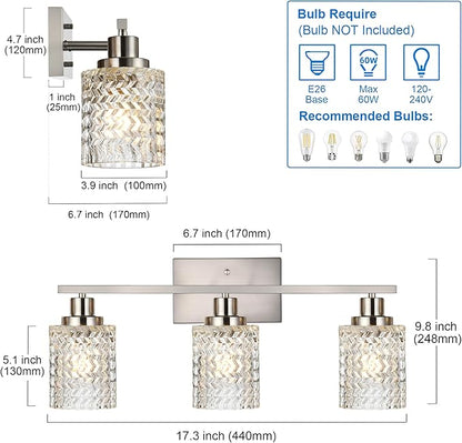 MELUCEE 3 Lights Bathroom Light Fixtures Brushed Nickel Modern Vanity Lights Indoor Wall Mounted Light with Hammered Glass Shade Suitable for Bathroom Living Room Hallway