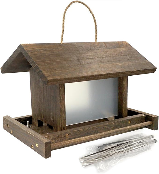 Wooden Bird Feeder Large Capacity Wood Birdfeeder for Feeding Outside Garden Wild Finches Robin Sparrow Blue Jay Chickadees