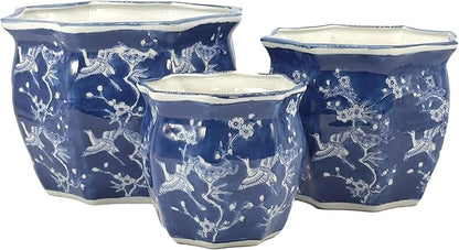 Galt International White & Blue Crane Round Fluted Floral Porcelain Ceramic Plant Flower Planter Pot Set of 3 (7.5", 10", 13") Garden Pots Chinese Asian Design