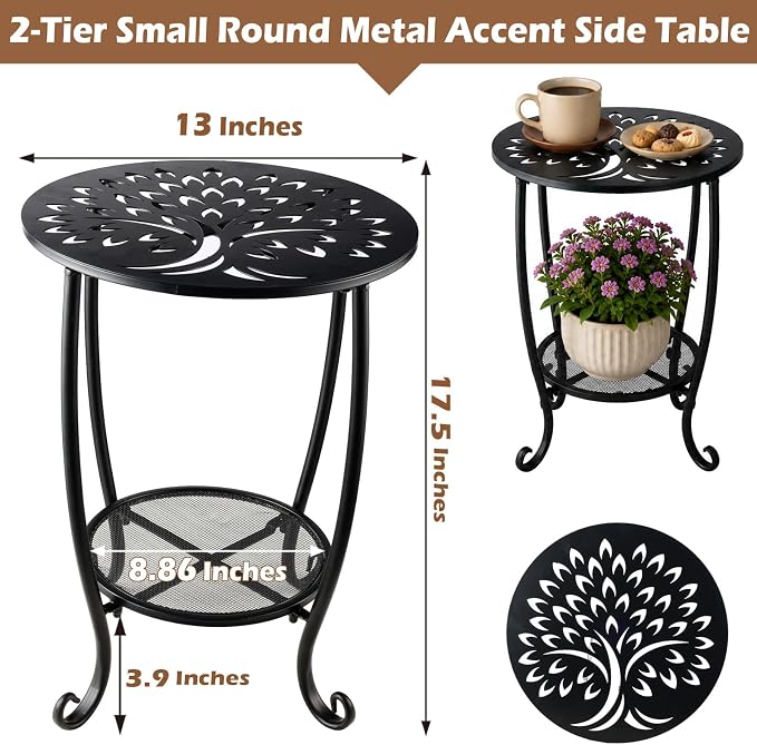 2-Tier Metal Round Side Table Black Accent Coffee Tables Small Space Corner Plant Stand Shelf for Indoor Outdoor Porch Patio Balcony Living Room End Table with Storage, Rust-Proof