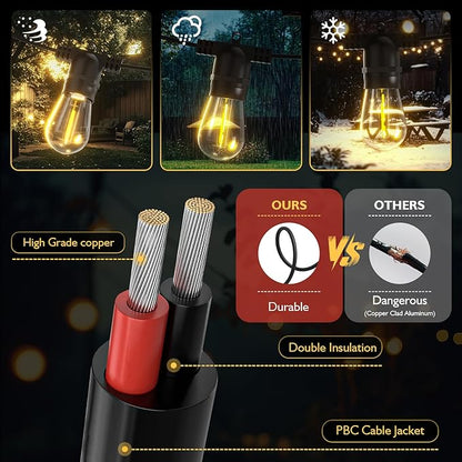 Solar String Lights Outdoor with Remote 30 FT, USB & Solar Dual Charging, Waterproof, 8 Modes 3 Timers, 10+1 LED Shatterproof S14 Bulbs, Dimmable Solar Light for Camping Backyard Bistro Porch Garden