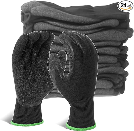 Evridwear Crinkle Latex Rubber Hand Coated Safety Work Gloves for Men Women General Multi Use Construction Warehouse Gardening Assembly Landscaping,Black X-Large 12 Pairs Pack