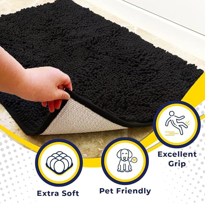 Muddy Mat® | Super Water Absorbent Door Mat Indoor, Microfiber Quick Dry Chenille Entryway Rug, Slip Resistant Front Door Mat, Indoor Mats for Entryway, Machine Washable Pet Rug, Black 36"x72"