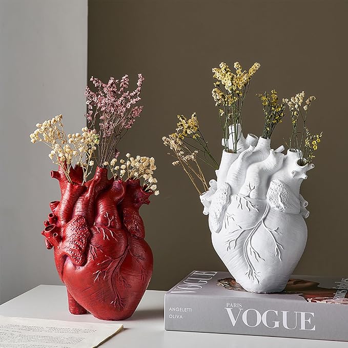 Resin Vase Planter, Decorative Heart Vase - Anatomical Heart Tabletop Decorative Craft, Farmhouse Living Room Bedroom Countertop (White,Small)