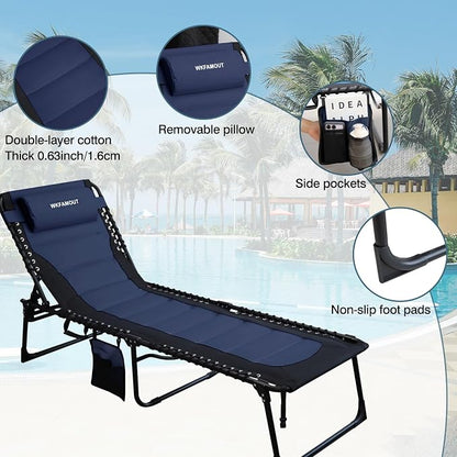 Oversized Padded Outdoor Folding Lounge Chair for Adults 330Ibs Patio Chaise Lounge Chair for Outside Adjustable 5-Position Reclining Beach Chair with Pillow Pocket