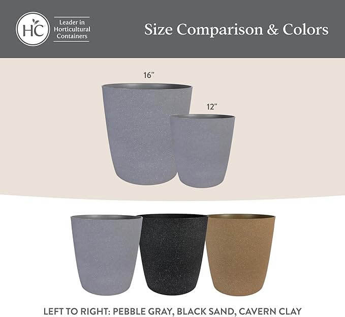The HC Companies Santa Fe Round Self-Watering Pot - Lightweight Plastic Planter for Herbs & More - Durable Plant Pots for Indoor Plants & Outdoor Plants (16" Black Sand, Pack of 2)