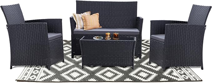 4 Piece Patio Furniture Set, Outdoor Wicker Conversation Set, Rattan Sectional Sofa Couch with Glass Coffee Table & Thick Cushion for Backyard, Porch, Garden, Poolside, Black/Grey