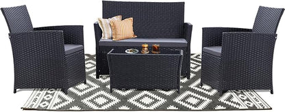 4 Piece Patio Furniture Set, Outdoor Wicker Conversation Set, Rattan Sectional Sofa Couch with Glass Coffee Table & Thick Cushion for Backyard, Porch, Garden, Poolside, Black/Grey