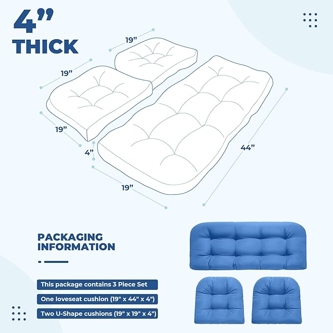 DANGHOOGY Wicker Chair Cushions, Waterproof Outdoor Loveseat Cushions for Patio Furniture, Tufted Wicker Furniture Cushions, 1 Loveseat and 2 U-Shaped Cushions, Royal Blue