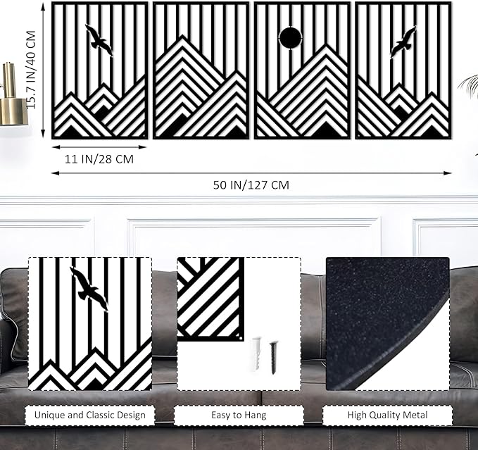 ESTART 4 Pcs Metal Mountain Wall Art, Minimalist Decor Single Line Art Wall Decor, Nature Abstract Line Minimalist Wall Art for Living Room Bedroom Bathroom Study Room (Black)