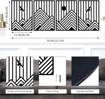ESTART 4 Pcs Metal Mountain Wall Art, Minimalist Decor Single Line Art Wall Decor, Nature Abstract Line Minimalist Wall Art for Living Room Bedroom Bathroom Study Room (Black)