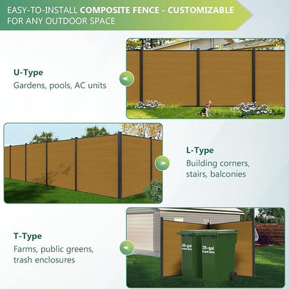 Mondaria Fence Privacy Screen with 8ft In-ground Posts, 6ft(H) x12ft(W) Wood Plastic Composite Fence Panels Weather-Resistant Outdoor Fence for Backyard/Garden (Yellow Teak, 3 Posts)