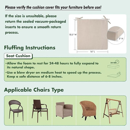 MIULEE Beige Outdoor Chair Cushions Set of 4, 18.5x16x3 Inch Waterproof Patio Seat Cushions for Outdoor Furniture Couch Sofa, 3 Year Color Fastness High Density Foam with Adjustable Ties