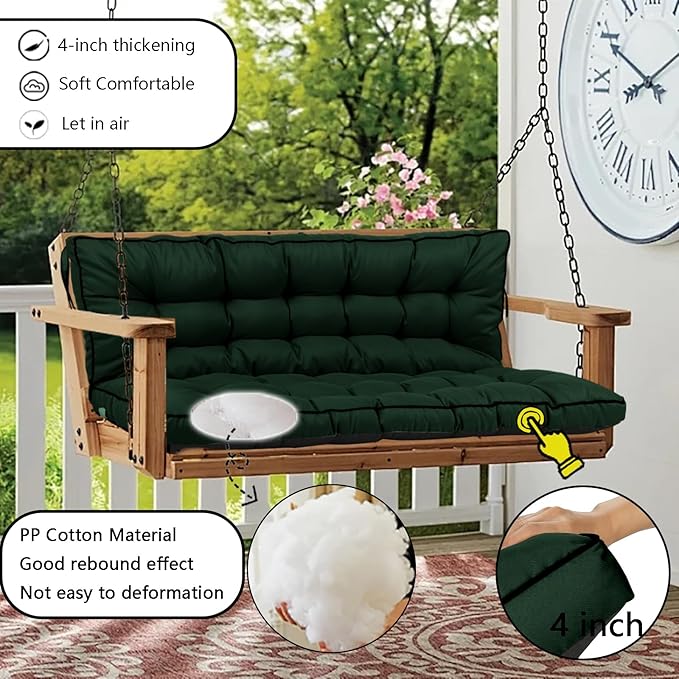Porch Swing Cushion Three Seat, Waterproof Swing Cushions Replacement with Backrest, Outdoor Garden Furniture Patio 4" Thickened Cushions with Ties (Dark Green, 40 x 55in)