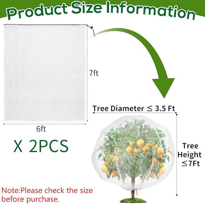 2PCS Fruit Tree Netting with Drawstring, 7 x 6ft Ultra-Fine Mesh Garden Insect & Bird Protection Cover, Breathable Reusable Tree Netting for Citrus, Apple, Peach & Shrubs