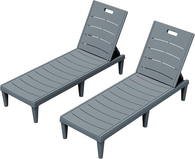 Greesum Outdoor Chaise Lounge Chairs Set of 2 with 5-Position Adjustable Backrest, Waterproof PP Sun Chaise Loungers for Garden Pool Beach Patio Deck Sunbathing, Grey