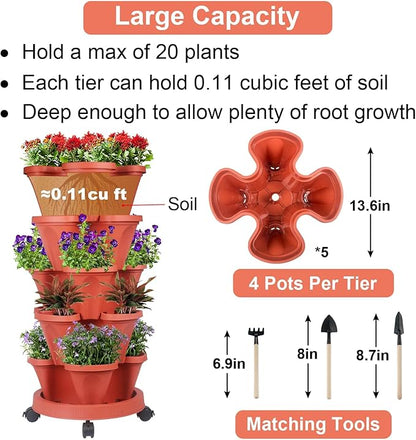 GameXcel Vertical Planter Tower- 5 Tier Stackable Garden Planter with Wheels and Tool Set – Grow Strawberries Herbs Flowers and Vegetables - Indoor Outdoor Use Red