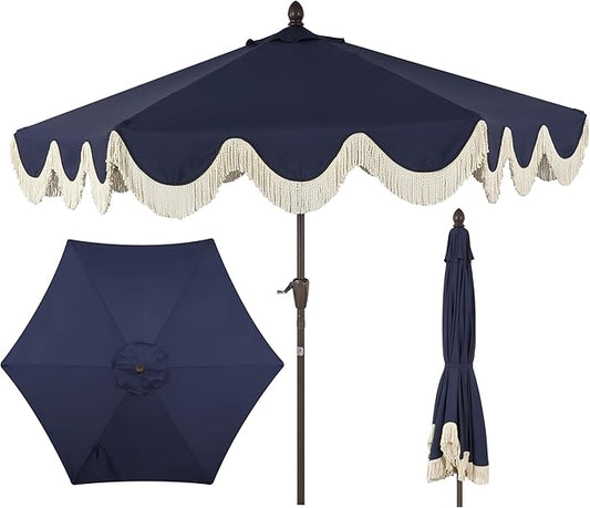JONATHAN Y UMB1001 Collins 9 ft. Classic Cottage Tassel Market Patio Umbrella with Auto-Tilt, Crank, Wind Vent and UV Protection